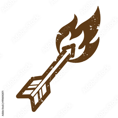 Vintage Grunge a brown arrow on fire with flames coming out of the tip isolated on white background