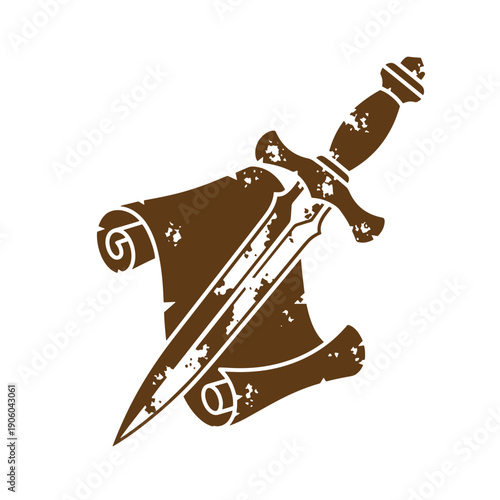 Grunge texture Vintage grunge dagger crossed over a scroll on white background  symbol of danger and secrecy Vintage Style