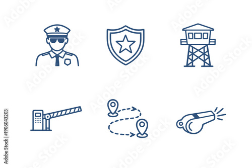 Physical guard and safety line icon set with six editable stroke vector symbols. Clean outline style for security services, safety systems and protection web interfaces.
