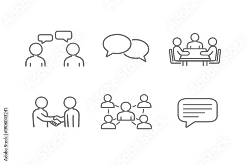 Set of six human interaction and communication icons in line style. Editable stroke vector collection designed for UI, social networks, chats and teamwork platforms.
