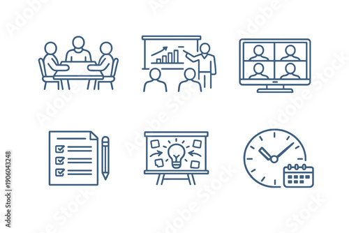 Set of six meeting and conference icons in line style. Editable stroke vector collection designed for UI, teamwork platforms, planning tools and professional communication.