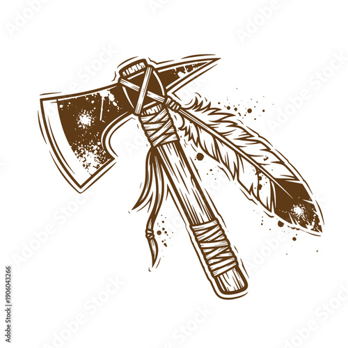 Grunge texture Vintage illustration of an axe with feathers tied to the handle in a grungy sepia tone on a white background Vintage Style