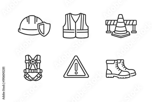 Construction safety line icon set with six editable stroke vector symbols. Clean outline style for job site protection, construction safety programs and industrial web interfaces.