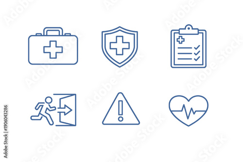 Health and safety line icon set with six editable stroke vector symbols. Clean outline style for workplace health programs, compliance dashboards and safety web interfaces.