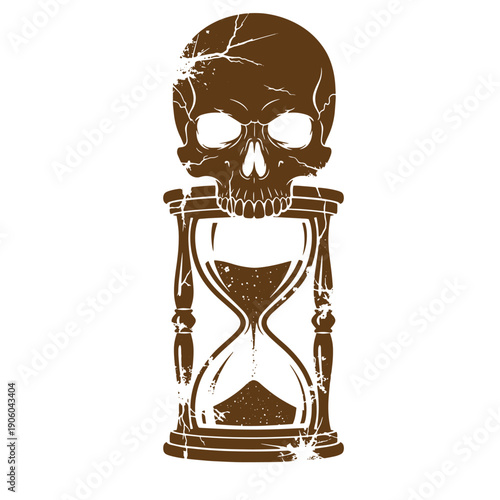 Vintage Grunge Cracked skull on a vintage hourglass symbolizing time running out and mortality