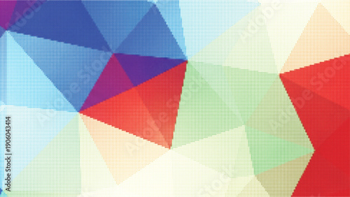 Low poly geometric background with dot pattern overlay in blue green red and purple tones