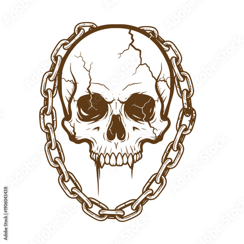 Vintage Grunge cracked skull with chain around  isolated on white background
