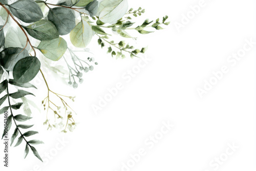 Soft sage green foliage in watercolor arranged in an L-shaped corner composition