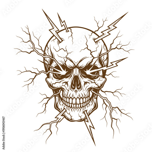Vintage Grunge Cracked skull with lightning bolts and cracks on face and head in a brown graphic illustration