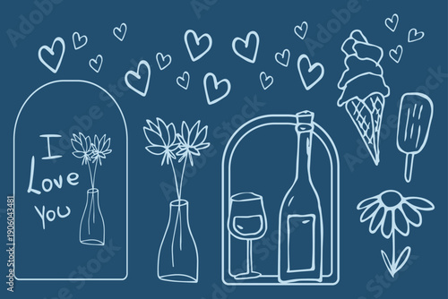 White line art romantic doodle collection on navy blue background, minimalist hand drawn love symbols for digital planners and greeting cards, vector set with hearts and date night icons