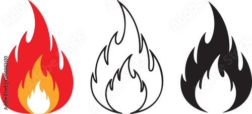 Set of three flame icons in color outline and silhouette variations