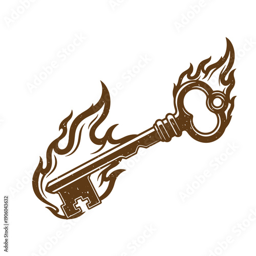 Vintage Grunge flaming key with fire on it isolated on white background