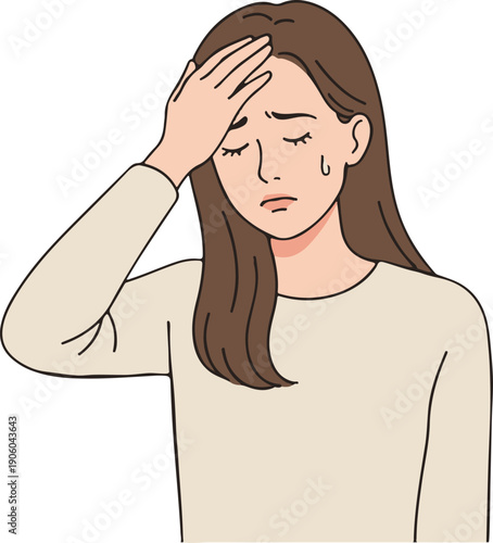 Woman with a migraine and cold sweat, flat character vector illustration