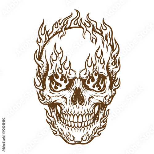 Vintage Grunge flaming skull head with flames around isolated on white background