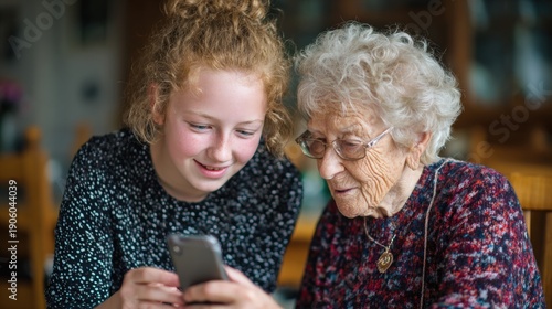 Wallpaper Mural Young mentor demonstrating messaging app features, elderly participant smiling and following along, hands holding phone above patterned sweater, colorful background, natural afternoon light, patient Torontodigital.ca