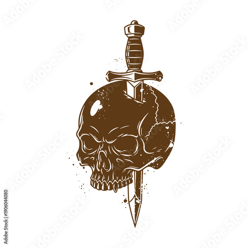 Vintage Grunge illustration of a skull pierced with a dagger in a dramatic artistic style for decorative purposes