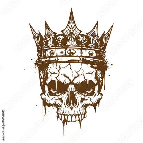 Vintage Grunge Illustration of a skull wearing a crown on white background  symbolizing death and royalty  dark symbol  graphic design element