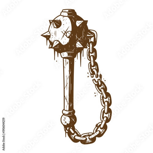 Grunge texture A detailed illustration of a spiked ball and chain flail weapon with a long handle and metal chain Vintage Style