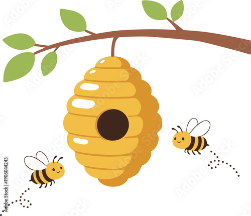 Beehive on a branch with bees, flat vector illustration