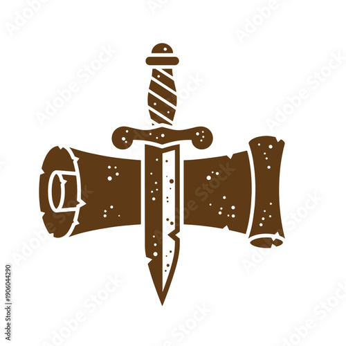 Grunge texture Brown dagger stuck in a wooden cross with a knotted handle and a pointed tip on white background Vintage Style