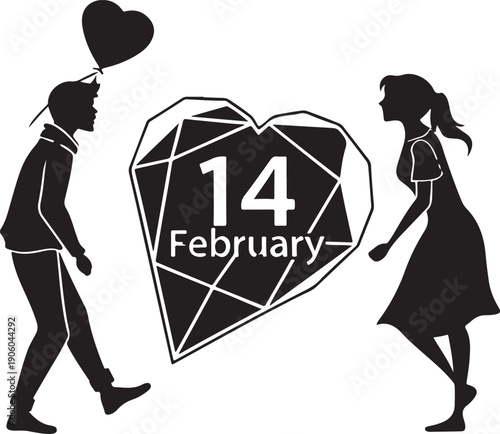 Valentines Day 14 February Heart Silhouette Black Minimal Vector Isolated Transparent Background Modern Love Typography Design Illustration