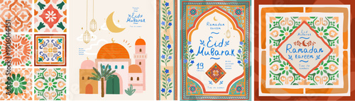 Ramadan Kareem. Eid Mubarak. Vector cute illustrations of a mosque,tile, ornament, crescent moon, mosaic, frame, pattern, and lantern for greeting card, invitation, poster and background