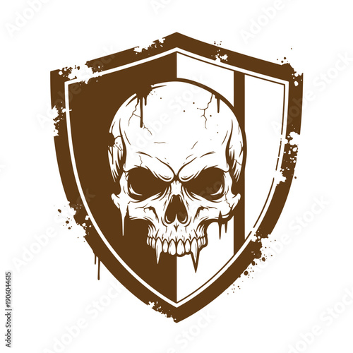 Vintage Grunge skull on shield with grunge effect in sepia tone  skull icon with shield symbol