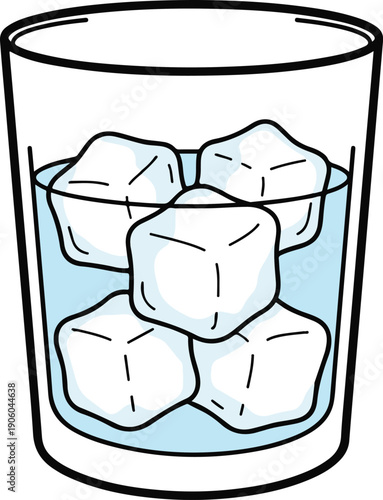 Glass of water with five ice cubes, outlined flat vector illustration