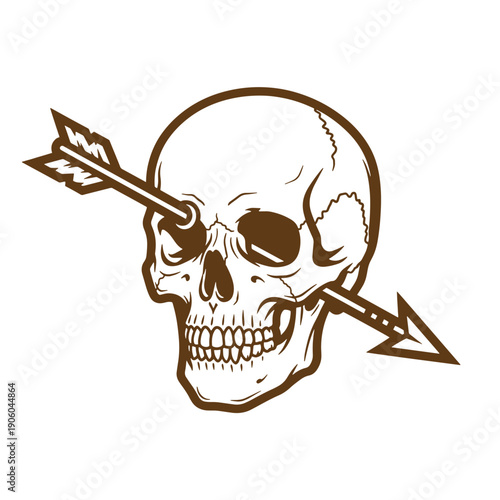 Vintage Grunge skull with arrow piercing through eye socket symbol for danger or violence against human skulls and bones in a symbolic way