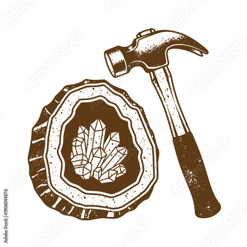 Grunge texture Geode with crystals and a hammer on white background for mining or geology concepts Vintage Style