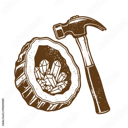 Grunge texture Geode with crystals and a hammer for cracking open rock formations in geology and mining Vintage Style