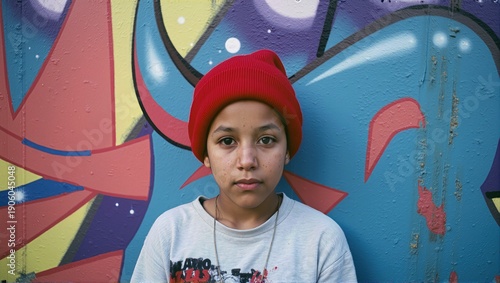 Cool kid wearing street wear poses by vibrant graffiti wall