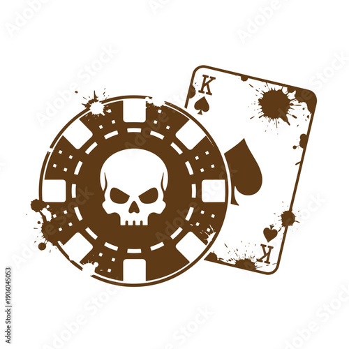 Grunge texture Grungy poker chip with skull and king playing cards on white background for gambling and gaming concepts  casino elements Vintage Style
