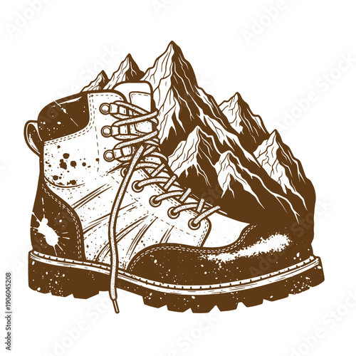 Grunge texture Hiking boot with mountain range behind it for outdoor adventure and travel  footwear for climbing and trekking Vintage Style