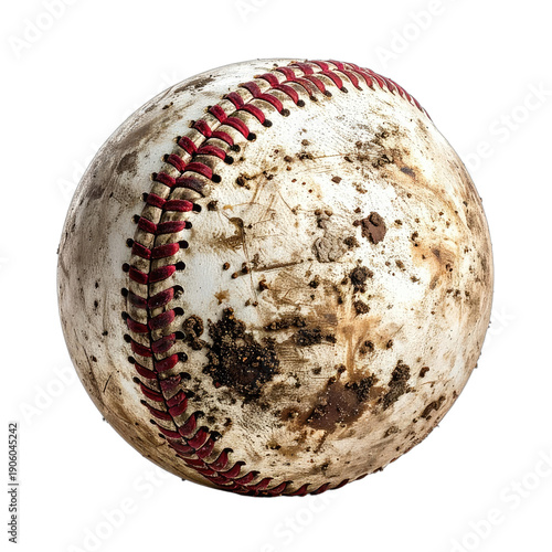 Close-up of a well-worn baseball, covered in dirt, showing red stitching
