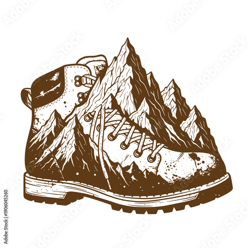 Grunge texture hiking boot with mountains on it  outdoor adventure footwear with mountain range design Vintage Style