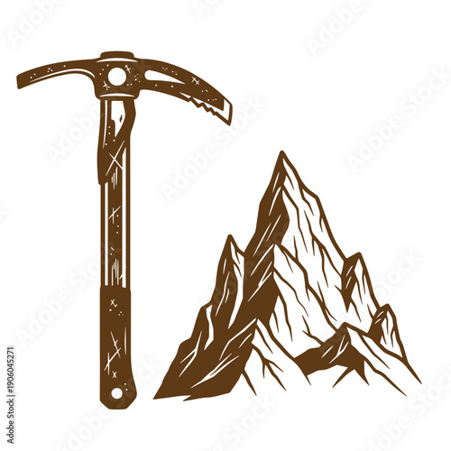 Grunge texture ice axe and mountain peak illustration for climbing and hiking concepts Vintage Style