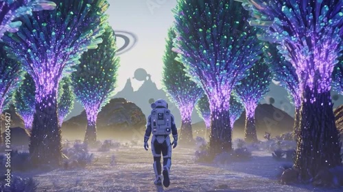 Astronaut Walking Through Crystal Forest Alien Planet. AI Generated