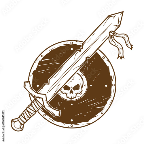 Grunge texture Vintage illustration of a sword and shield with a skull design on a white background Vintage Style