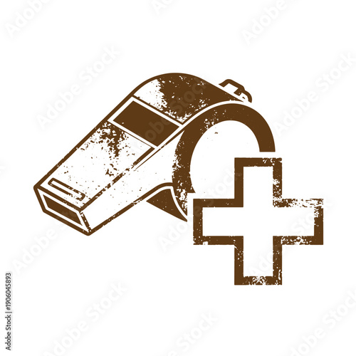 Grunge texture Vintage style illustration of a referee whistle and a medical cross symbol on white background  sports and medical concept Vintage Style