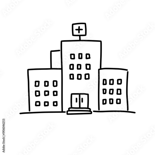 Simple line drawing of a hospital building with medical cross symbol  