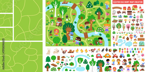 Easter egg hunt map or scene creator. Set of cartoon elements for constructing spring holiday activity page. Vector clipart with roads, trees, eggs, houses, bunny, garden and forest infographics