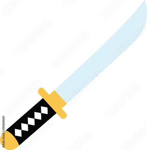Katana with a black and gold hilt and a light blue blade, sleek flat vector illustration