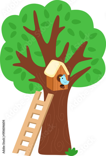 Vector green tree with birdhouse and ladder icon isolated on white background. Garden or forest plant with leaves. Flat spring, Easter village or farm illustration. Natural greenery picture
