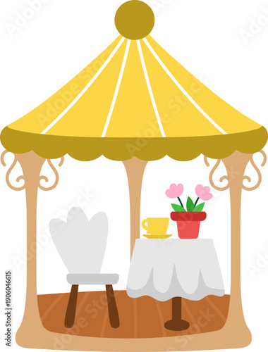 Vector yellow gazebo with table, chair, flower vase and tea cup. Country house pavilion isolated on white background. Garden pergola illustration. Cute rural place for rest