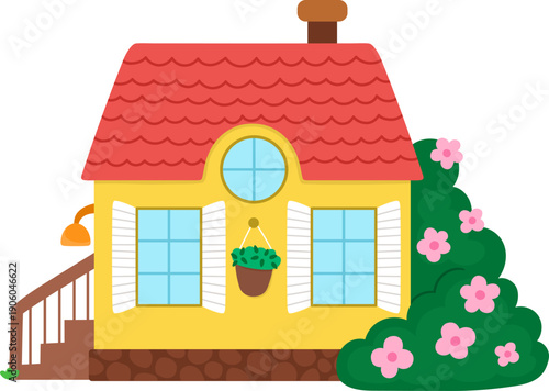 Vector yellow country house with porch, blooming bushes and red roof icon isolated on white background. Farm or village wooden cottage illustration. Cute rural garden red roofed home