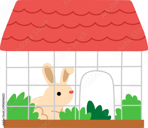 Vector cage with cute domestic rabbit and greenery. Farm animal clipart for kids. Bunny in aviary isolated on white background. Pet or hare icon