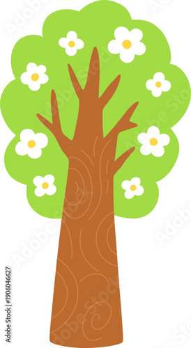 Vector green blossoming tree icon isolated on white background. Garden or forest plant with white flowers and leaves. Flat spring, Easter village or farm illustration. Natural greenery picture