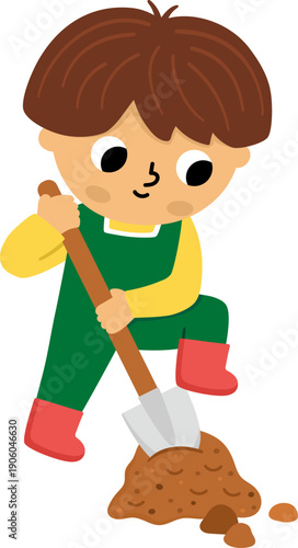 Vector boy digging the ground with spade. Cute kid gardener clipart. Funny child doing gardening works, planting a tree. Nature illustrations with children. Spring or summer country icon