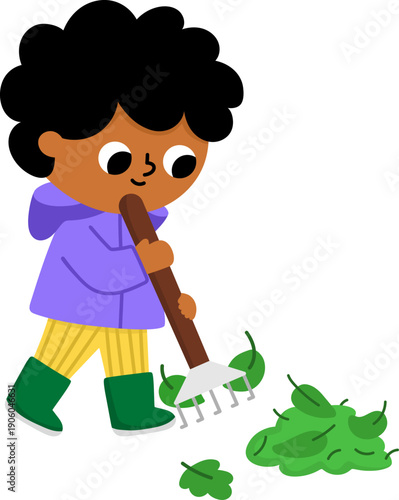 Vector boy cleaning garden with rakes. Cute kid gardener clipart. Funny child doing gardening works, raking the leaves. Nature illustrations with children. Spring or summer country icon